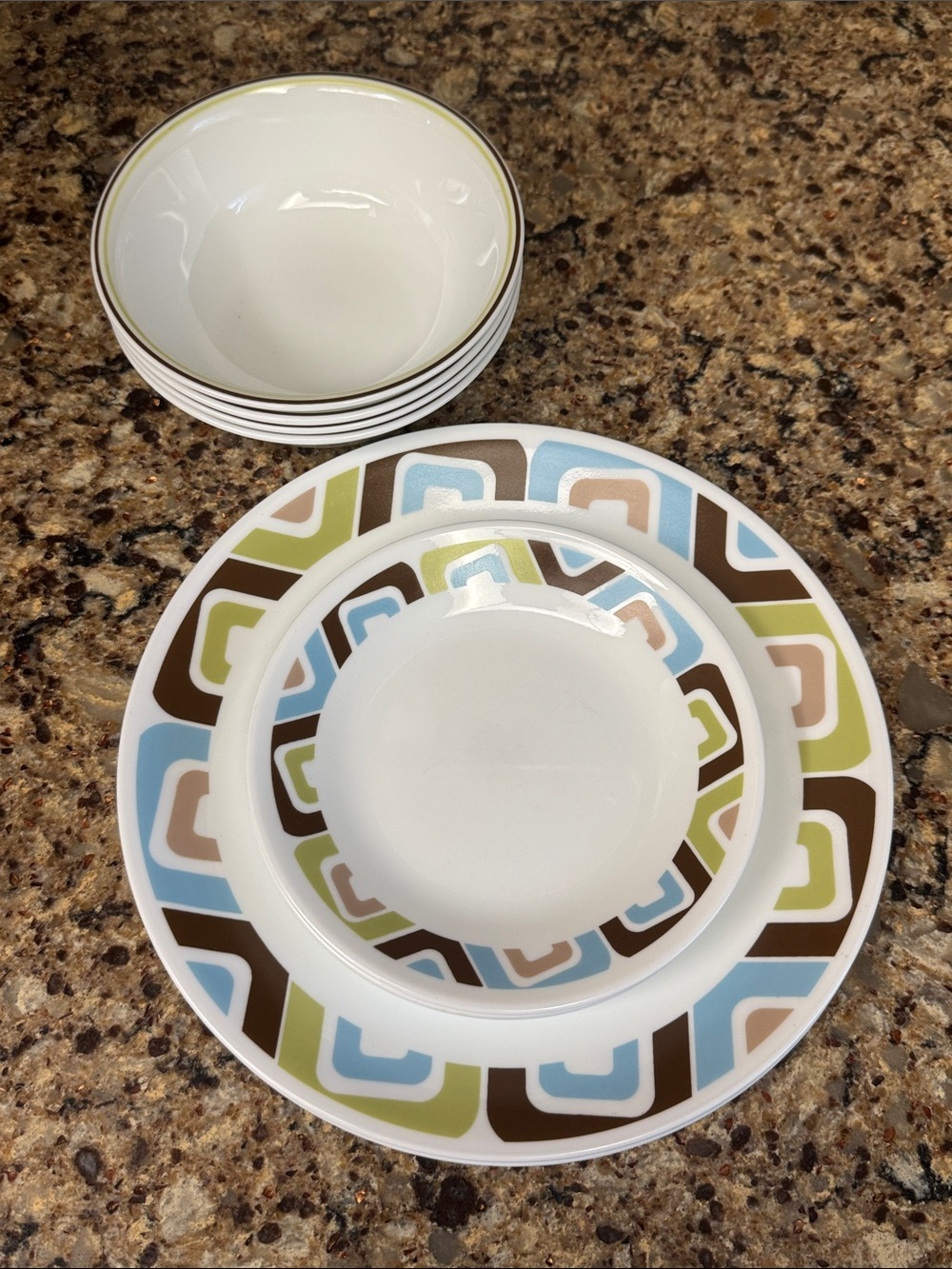 Corelle SQUARED Geometric Dinnerware Set in Blue, Green, Brown Set of 11
